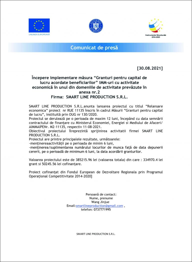Comunicat de presa SMART LINE PRODUCTION S.R.L