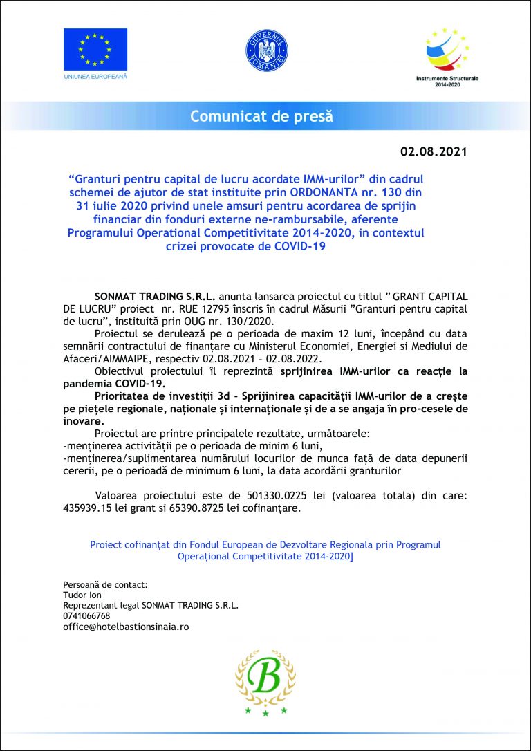 Comunicat de presă SONMAT TRADING S.R.L