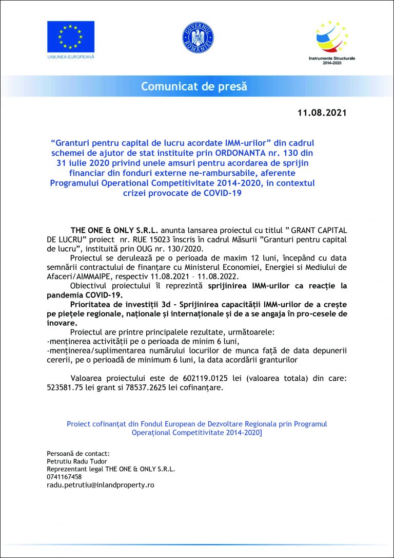 Comunicat de presă THE ONE & ONLY S.R.L