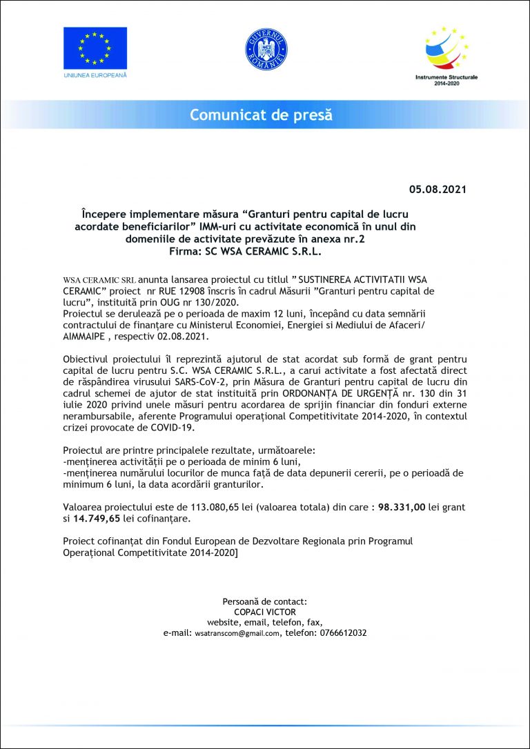 Comunicat de presă WSA CERAMIC SRL