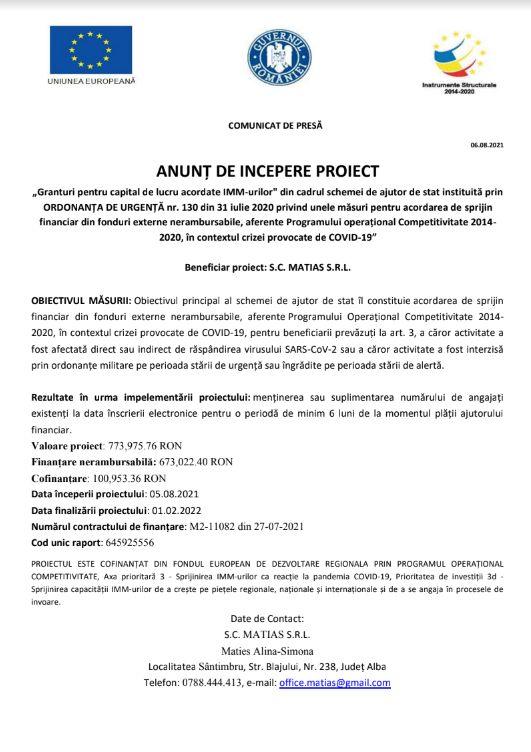 Comunicat de presa MATIAS SRL