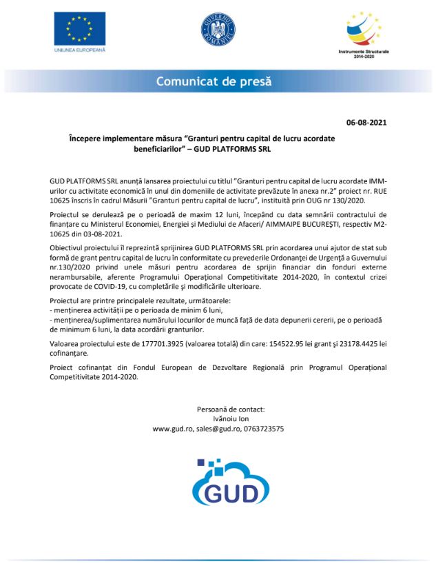 Comunicat de presa GUD PLATFORMS SRL
