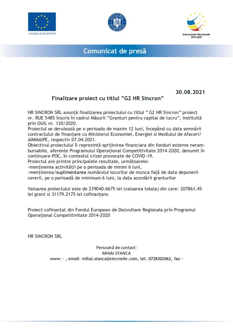 Finalizare proiect cu titlul ”G2 HR Sincron”