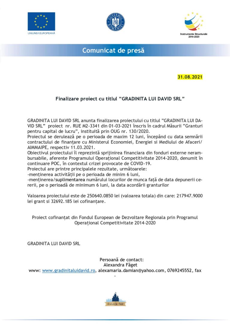 Finalizare proiect cu titlul ”GRADINITA LUI DAVID SRL”