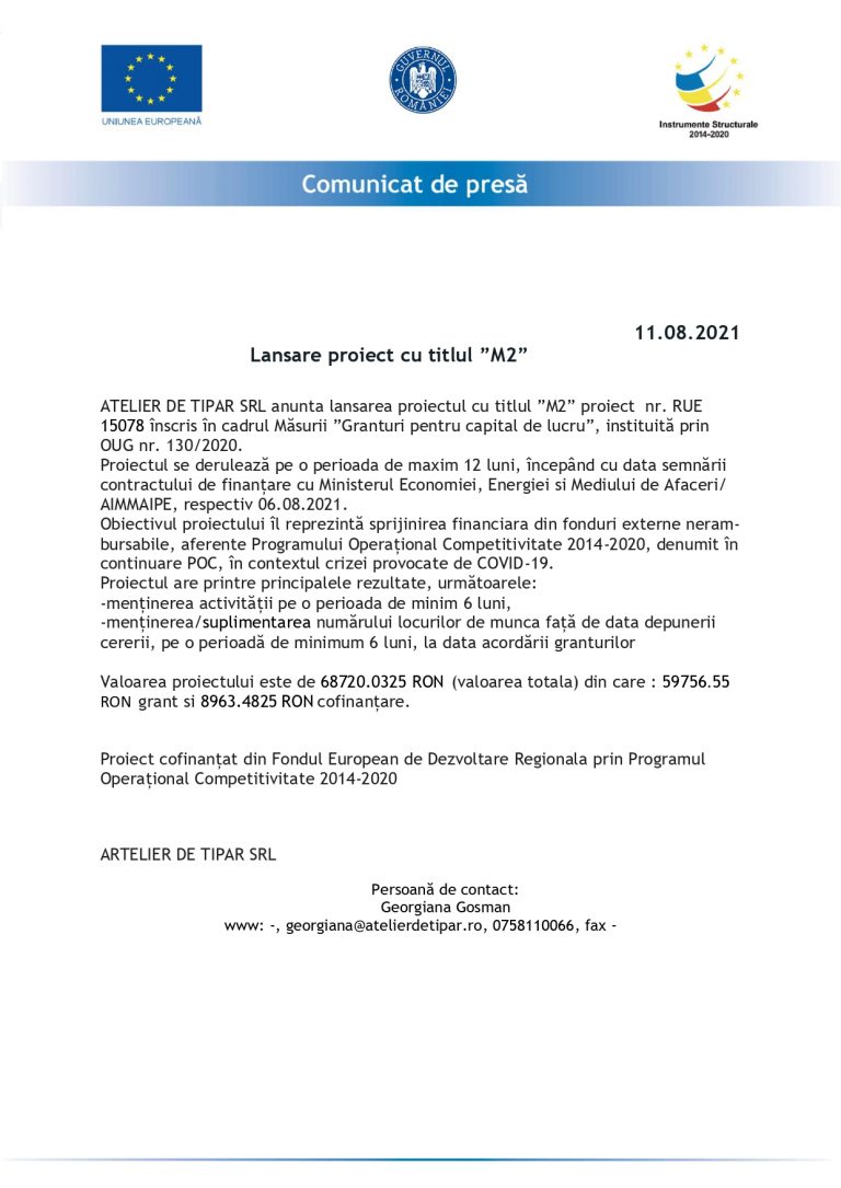 Lansare proiect cu titlul ”M2”