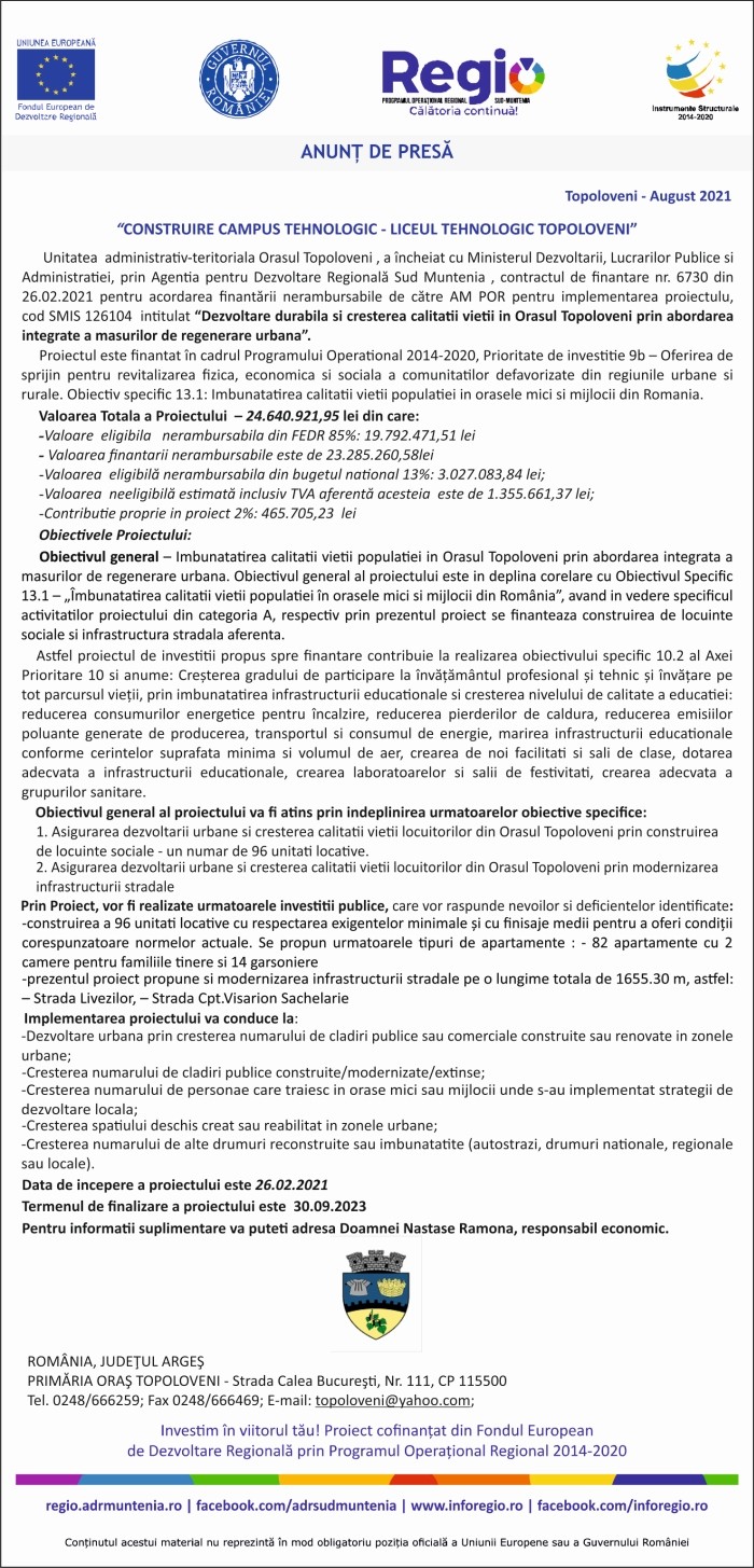 Anunț de presă Oraș Topoloveni