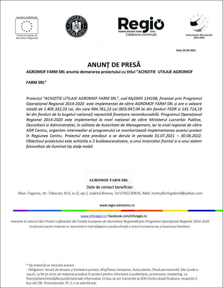 Comunicat de presă AGROMOF FARM SRL