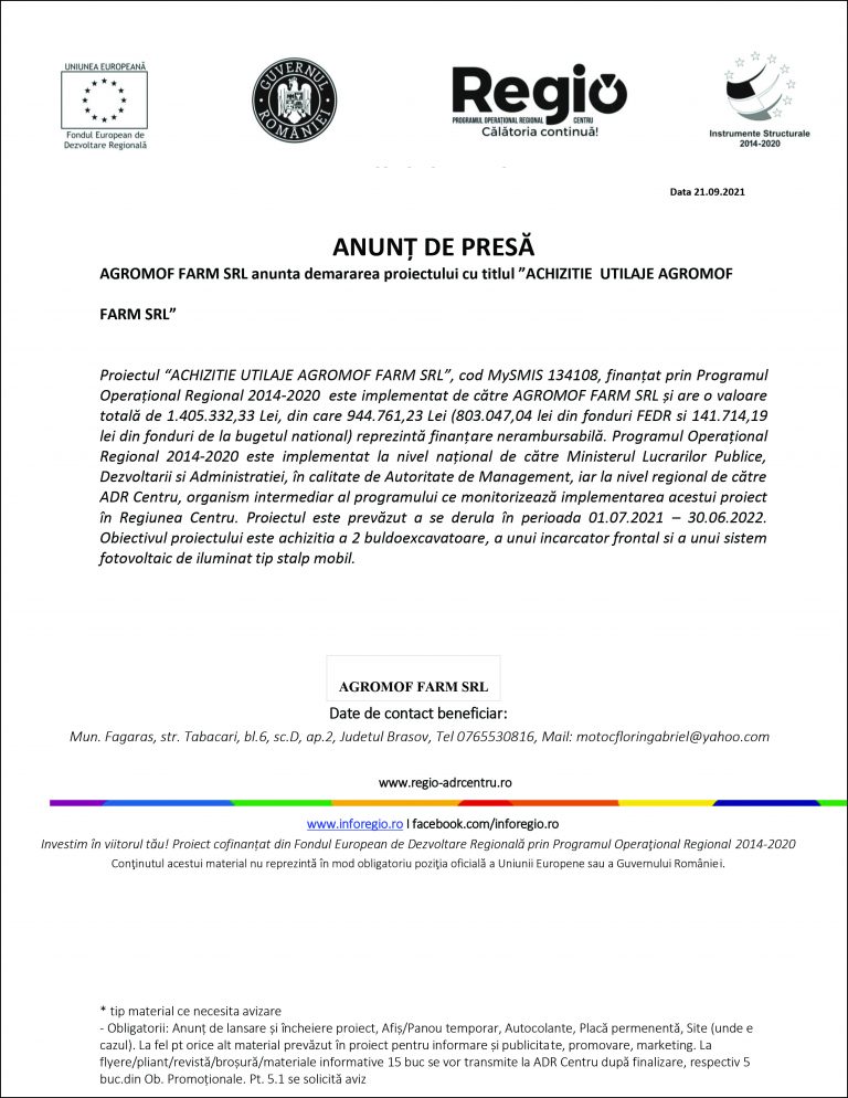 Comunicat de presă AGROMOF FARM SRL