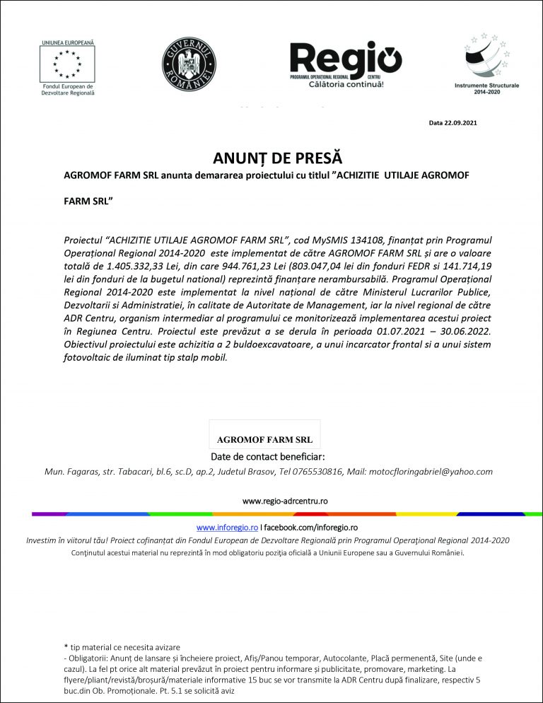 Comunicat de presă AGROMOF FARM SRL