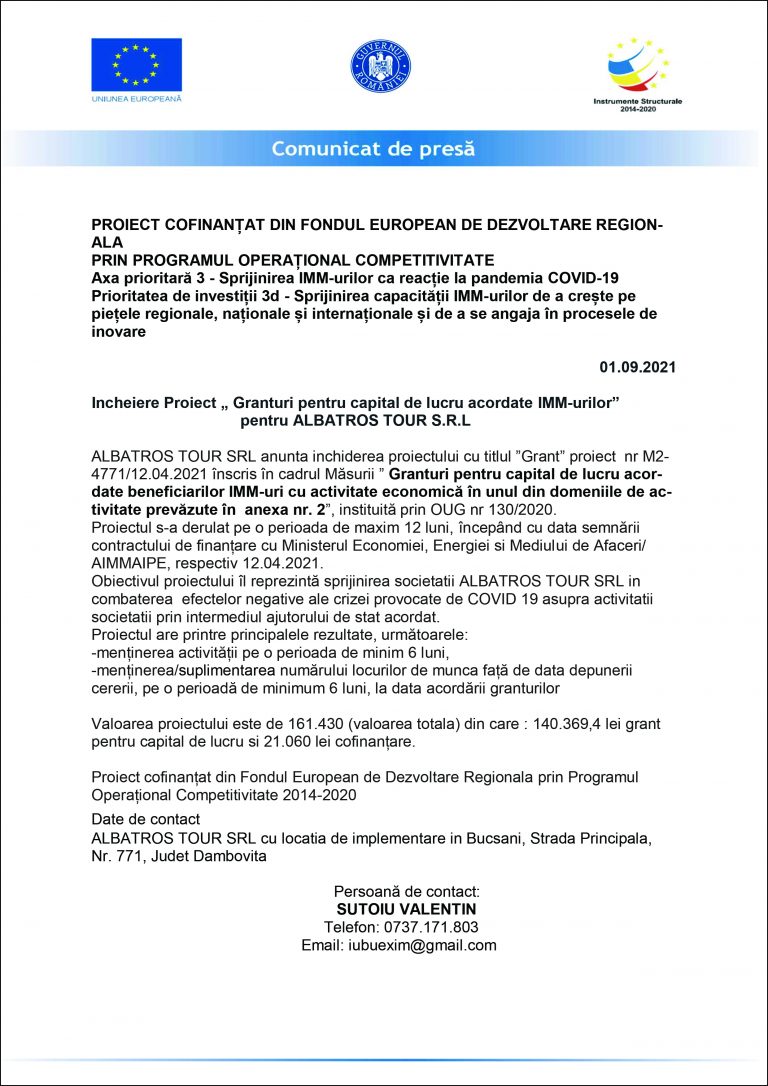 Comunicat de presă ALBATROS TOUR SRL