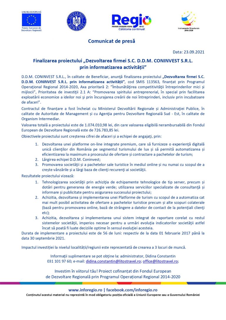 Comunicat de presa D.D.M. CONINVEST S.R.L.