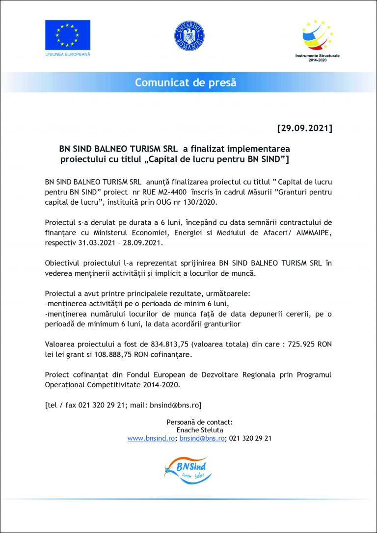 Comunicat de presă BN SIND BALNEO TURISM SRL