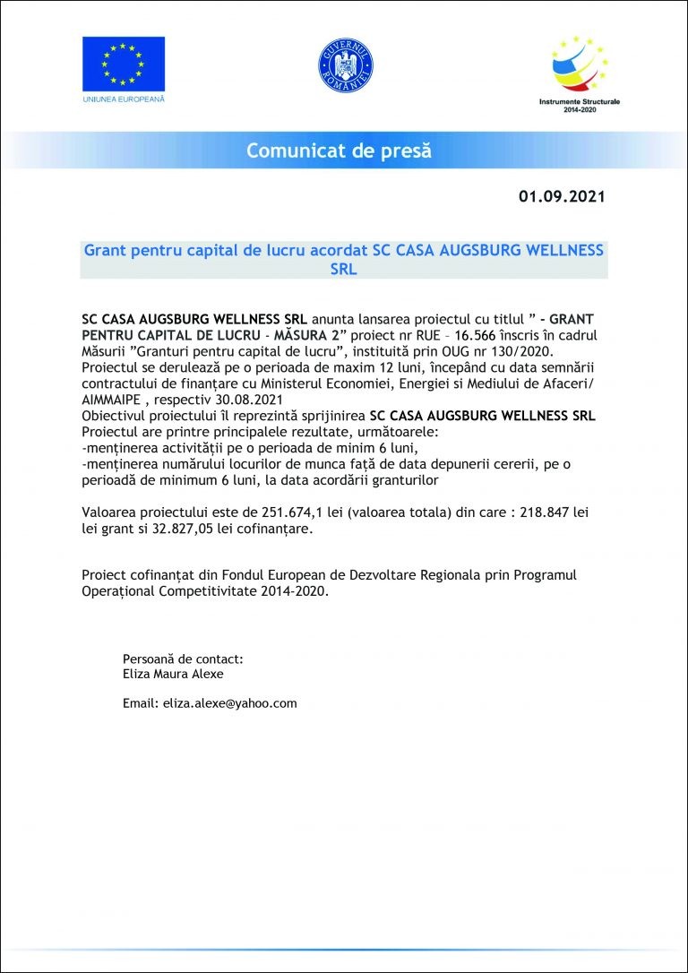 Comunicat de presa CASA AUGSBURG WELLNESS