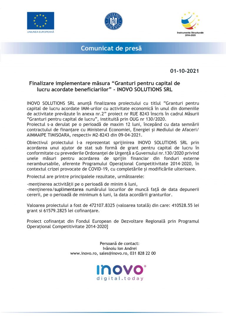 Comunicat de presa – Finalizare implementare masura „Granturi pentru capital de lucru acordate beneficiarilor” – INOVO SOLUTIONS SRL