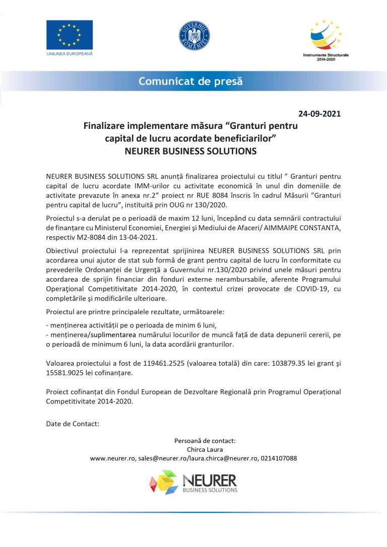 Comunicat de presa – Finalizare implementare masura „Granturi pentru capital de lucru acordate beneficiarilor ” NEURER BUSINESS SOLUTIONS