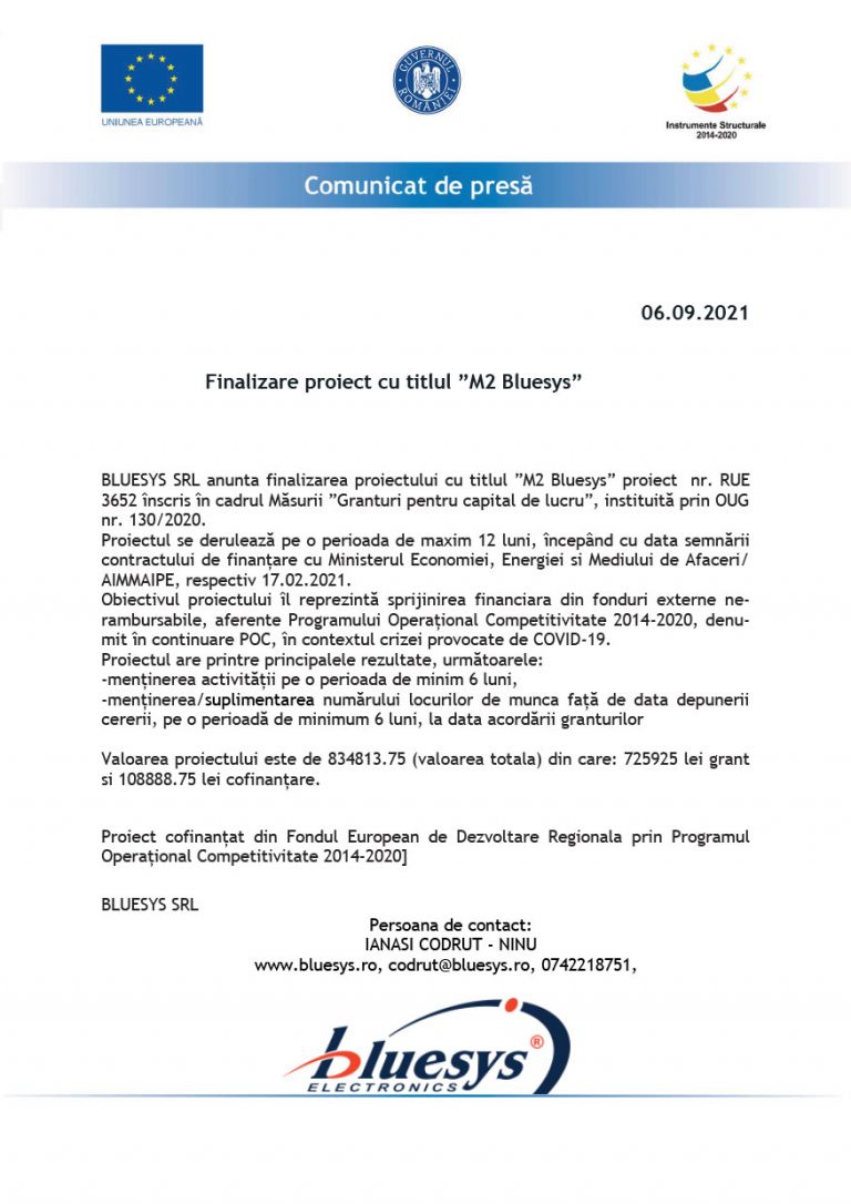 Comunicat de presă Finalizare proiect cu titlul „M2 Bluesys”