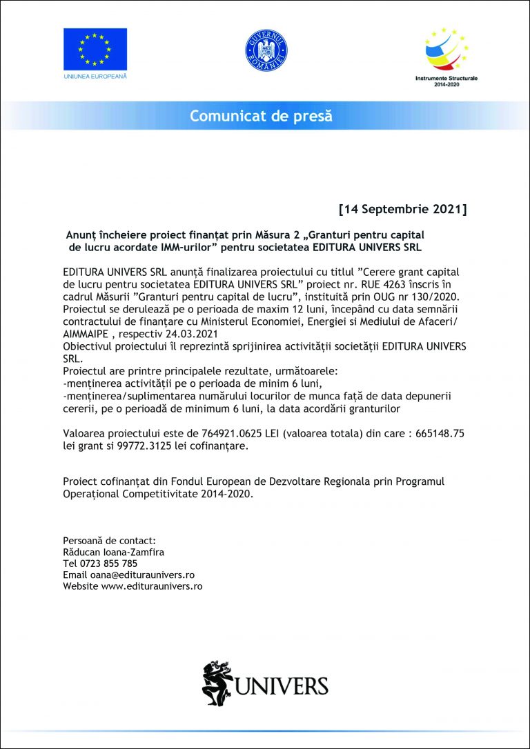 Comunicat de presă EDITURA UNIVERS SRL