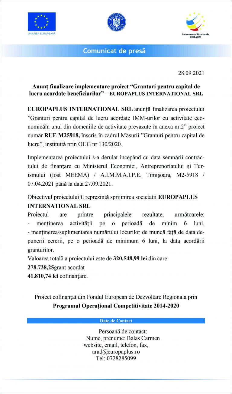 Comunicat de presă EUROPAPLUS INTERNATIONAL SRL