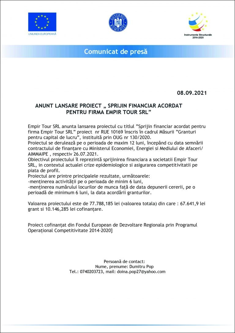 Comunicat de presă Empir Tour SRL