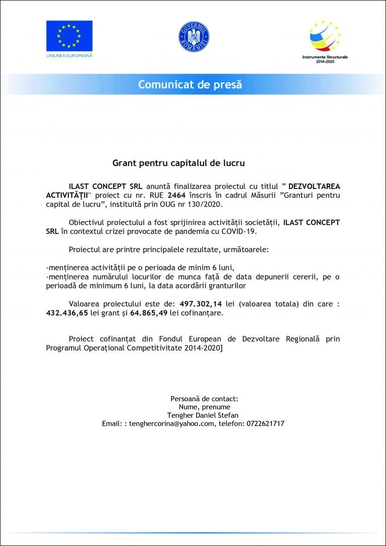 Comunicat de presă ILAST CONCEPT SRL
