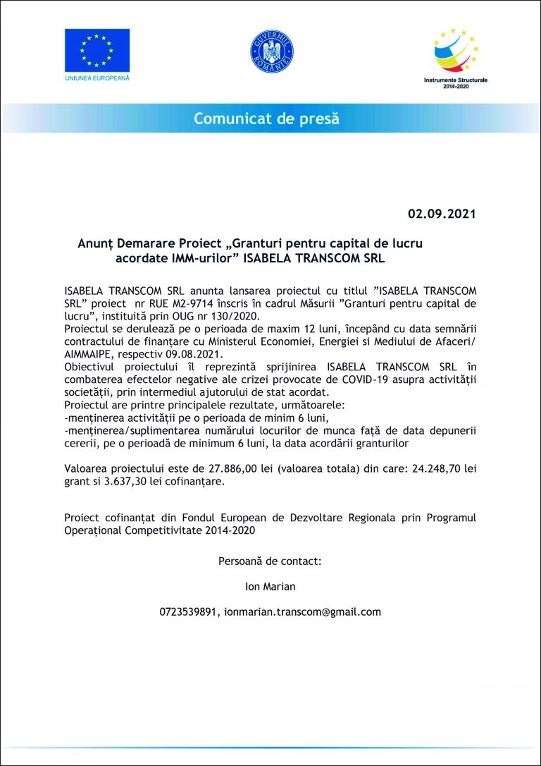 Comunicat de presa ISABELA TRANSCOM SRL