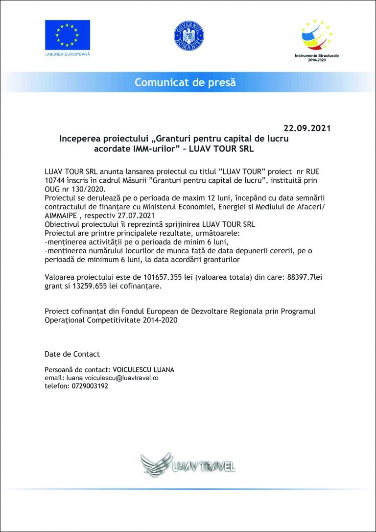 Comunicat de presă LUAV TOUR SRL