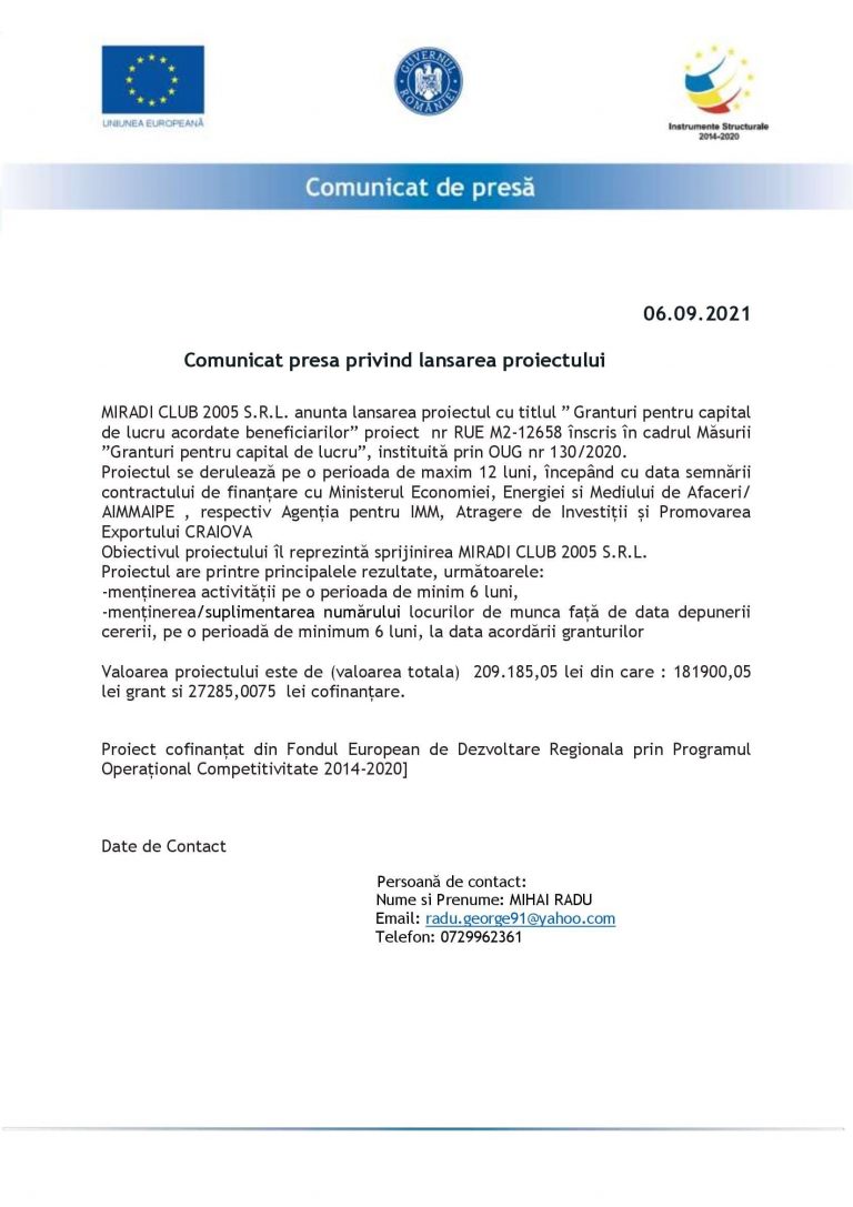 Comunicat de presă MIRADI CLUB 2005 S.R.L