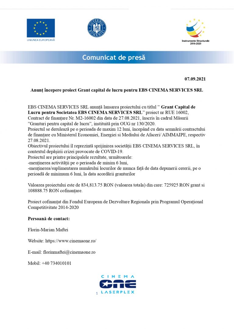 Anunț începere proiect Grant capital de lucru pentru EBS CINEMA SERVICES SRL