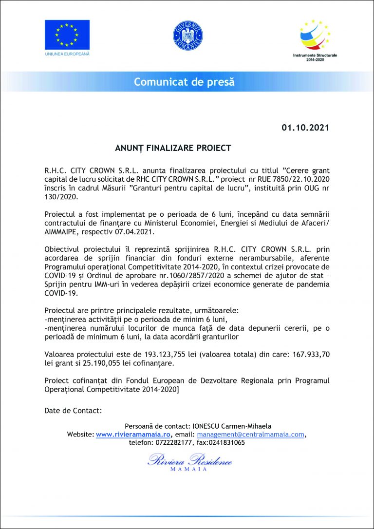 Comunicat de presă R.H.C. CITY CROWN S.R.L.