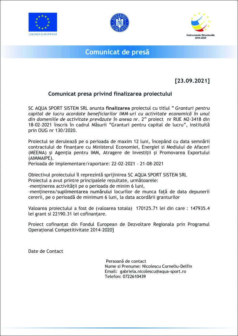 Comunicat de presă SC AQUA SPORT SISTEM SRL