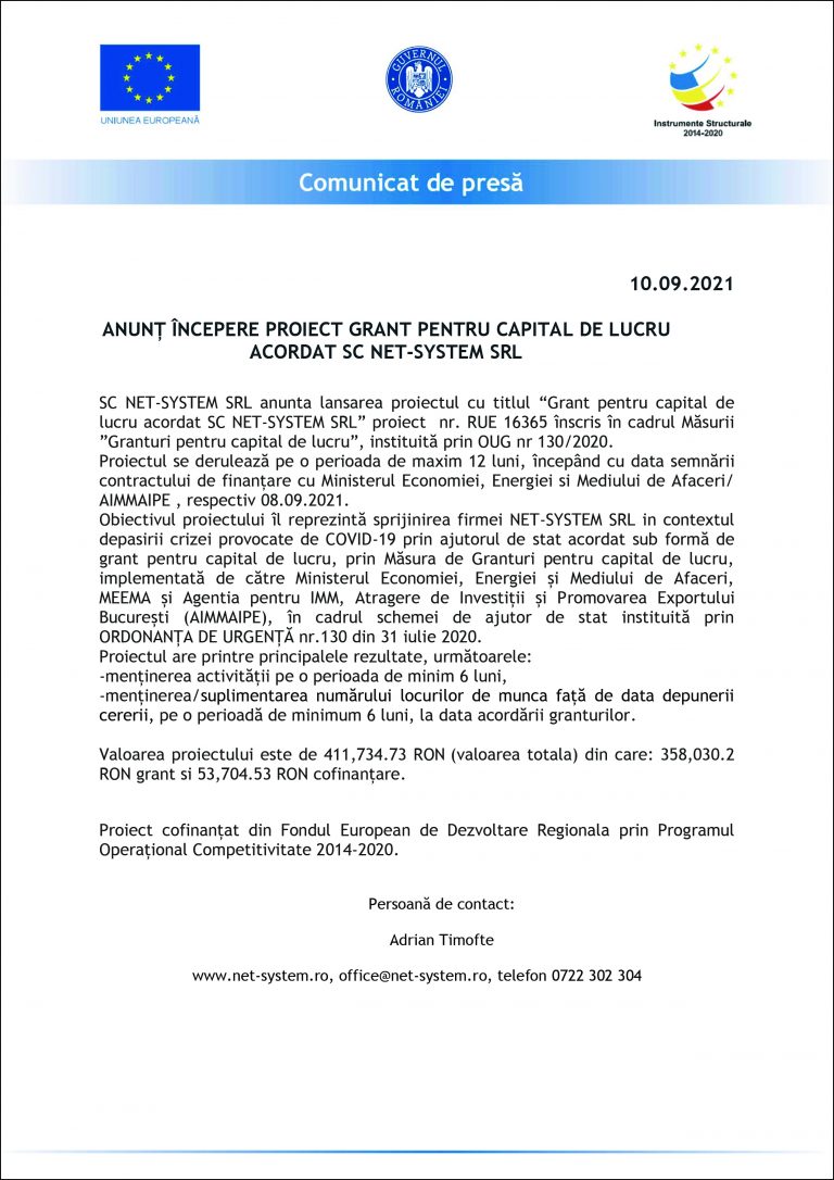 Comunicat de presă SC NET-SYSTEM SRL