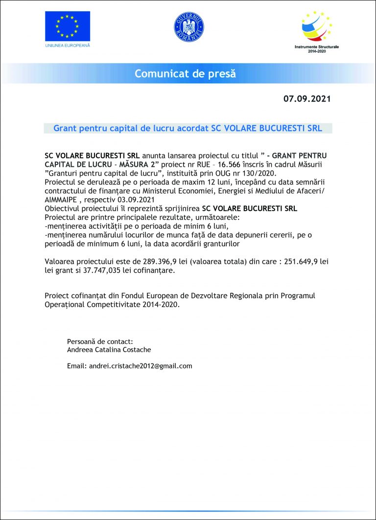 Comunicat de presă SC VOLARE BUCURESTI SRL