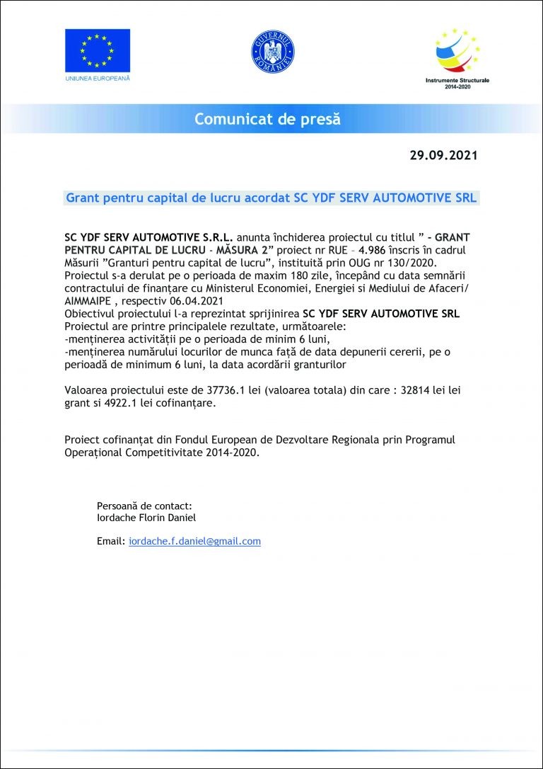 Comunicat de presa SC YDF SERV AUTOMOTIVE S.R.L.