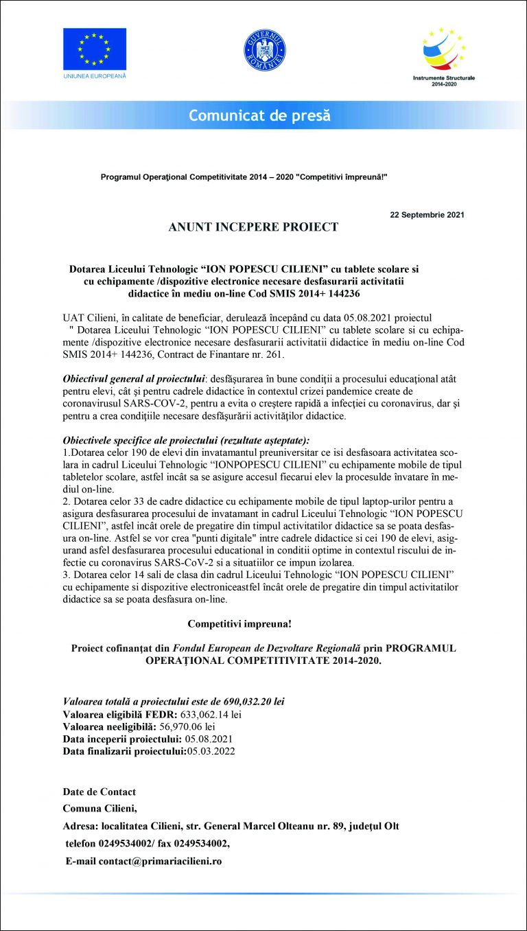 Anunț începere proiect UAT Cilieni
