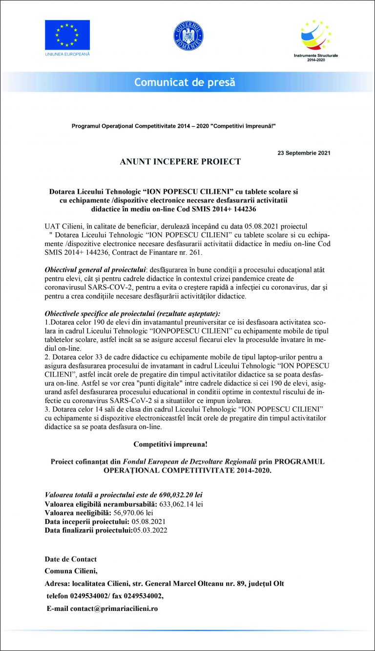 Anunț începere proiect UAT Cilieni