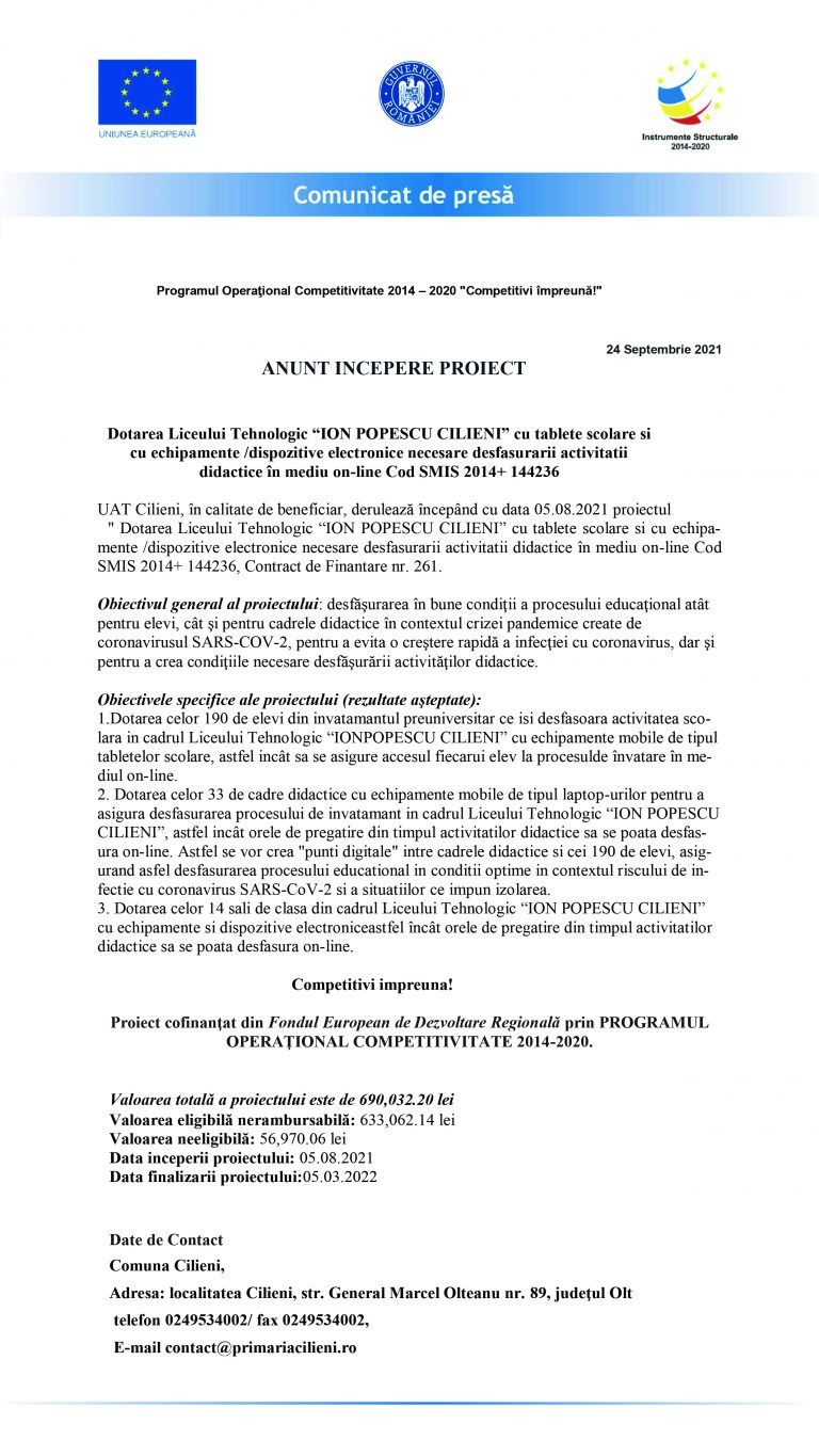 Anunț începere proiect UAT Cilieni