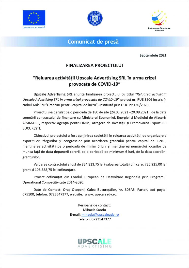 Comunicat de presă Upscale Advertising SRL