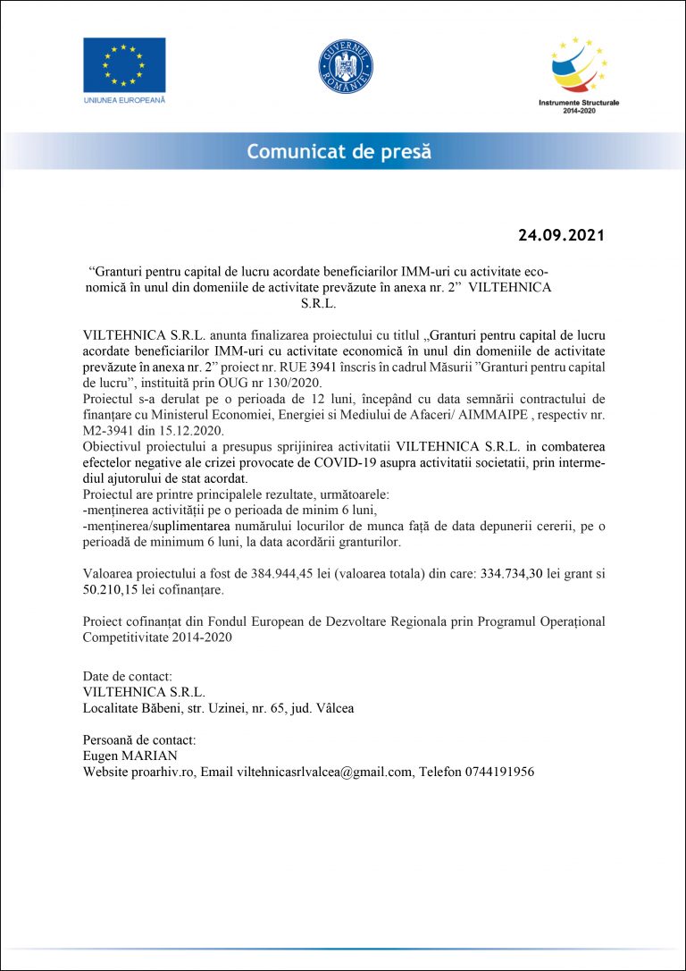 Comunicat de presă VILTEHNICA S.R.L.
