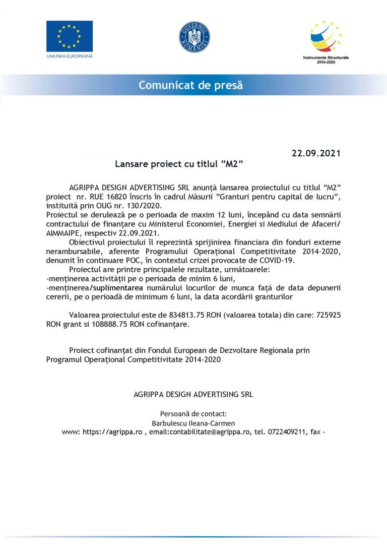Comunicat de presă AGRIPPA DESIGN ADVERTISING SRL