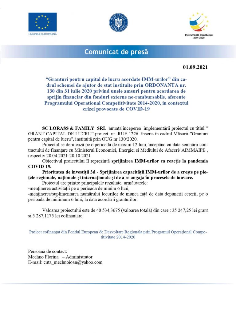 Comunicat de presa LORASS & FAMILY SRL