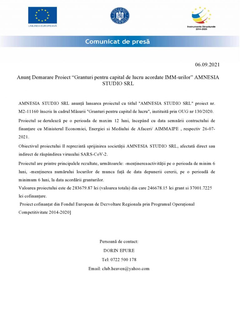 Comunicat de presă AMNESIA STUDIO SRL