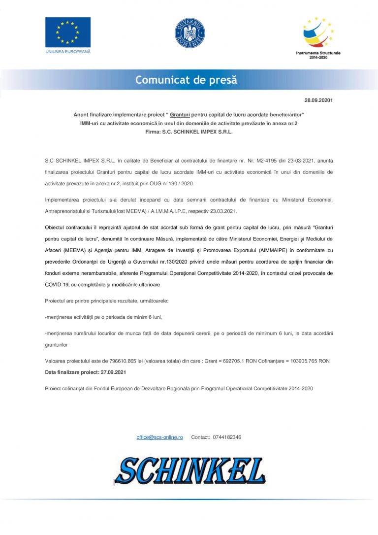 Comunicat de presă S.C. SCHINKEL IMPEX S.R.L.