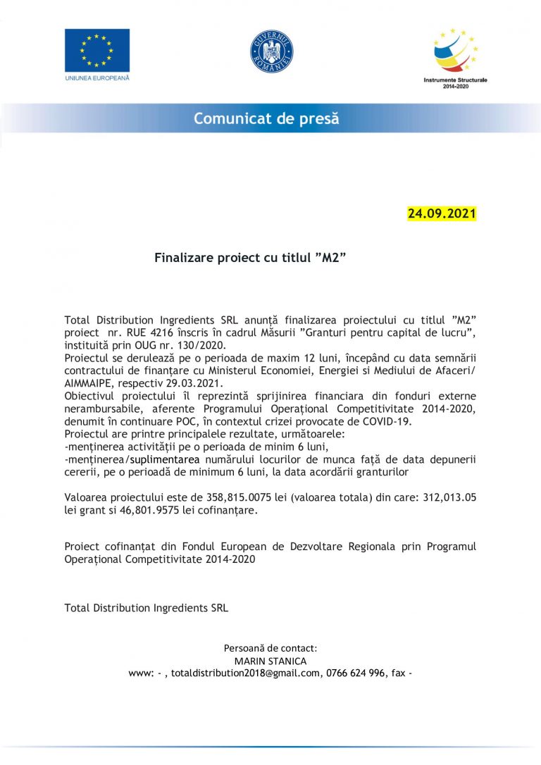 Comunicat de presă Total Distribution Ingredients SRL
