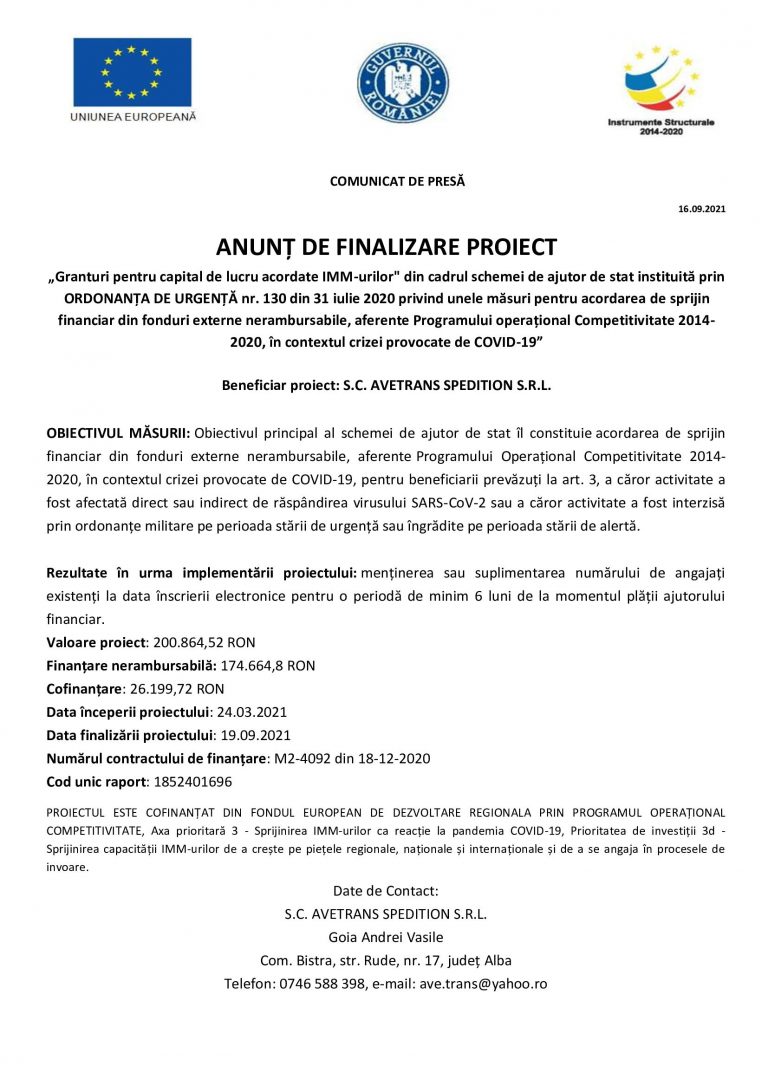 Comunicat de presă AVETRANS SPEDITION SRL