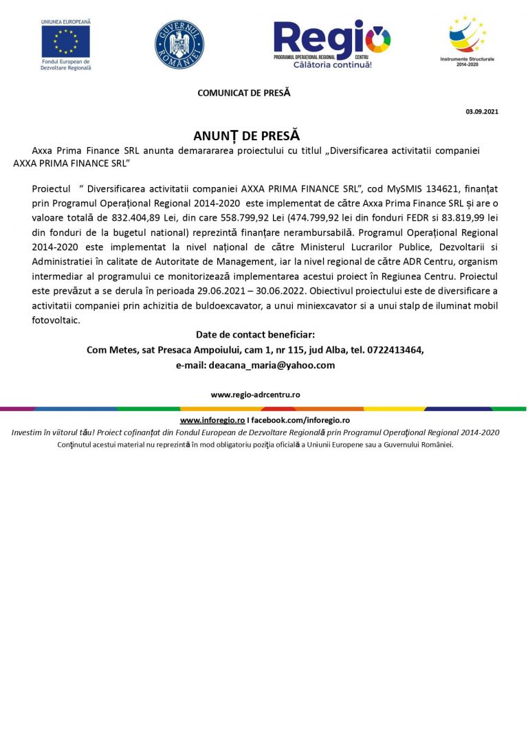 ANUNȚ DE PRESĂ