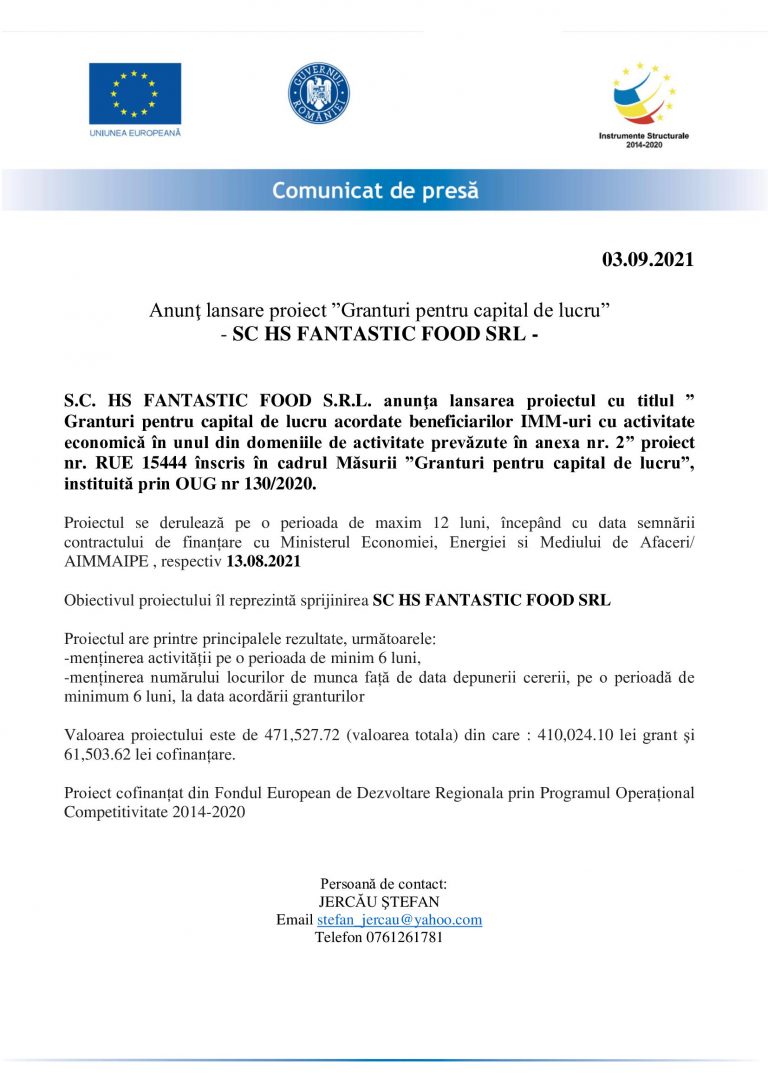 Comunicat de presă SC HS FANTASTIC FOOD SRL