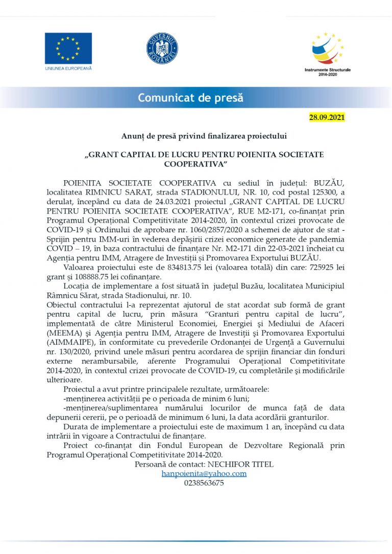 Comunicat de presa POIENITA SOCIETATE COOPERATIV