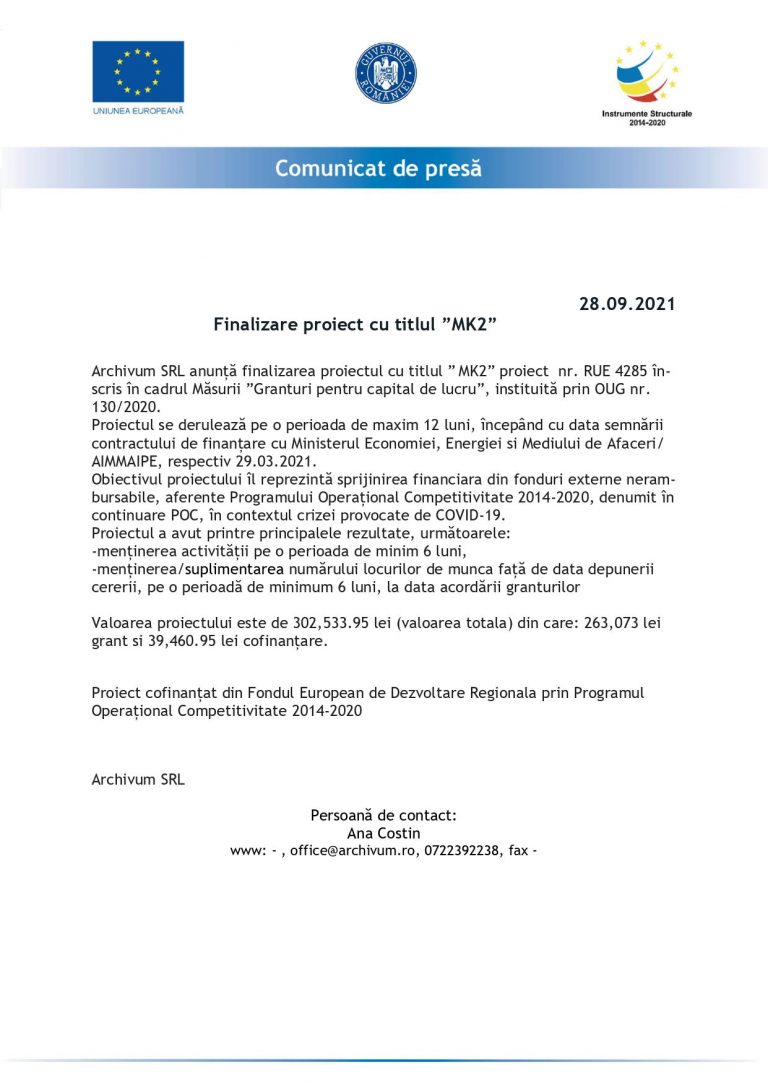 Comunicat de presă Archivum SRL