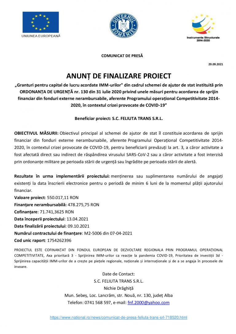 Comunicat de presa FELIUTA TRANS SRL