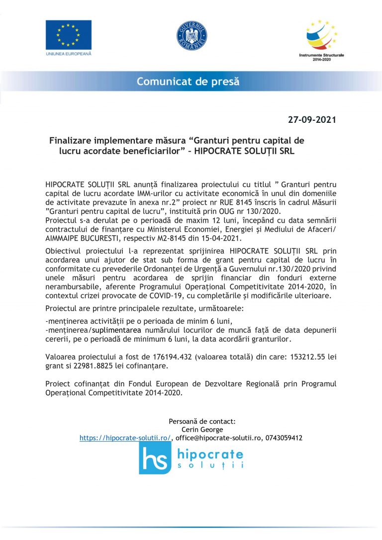 Comunicat de presă HIPOCRATE SOLUȚII SRL